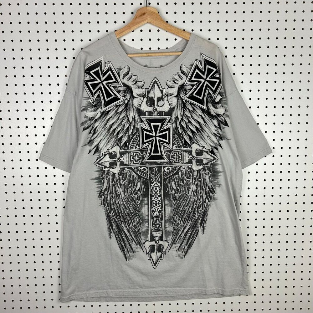 Carbon Black Y2K T Shirt XXL Gray Felt 3D Graphic Skater All Over Wings‎ Cross